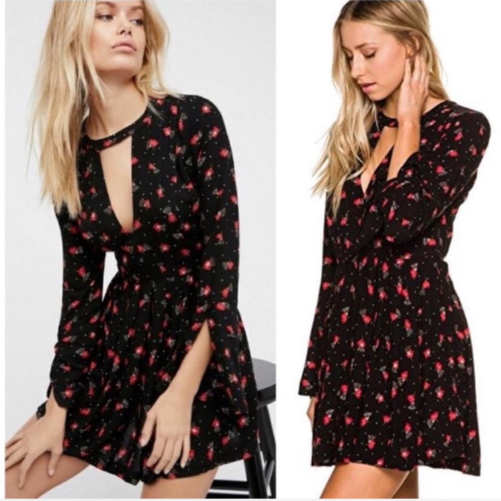 Free People Tegan Tunic Plunge Mini Dress Floral Bell Sleeves Pockets Whimsigoth